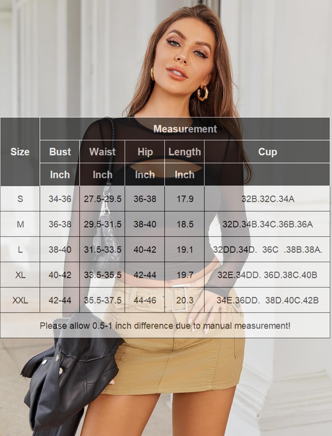 Black mesh long sleeve crop top with size chart, perfect for parties, Avidlove