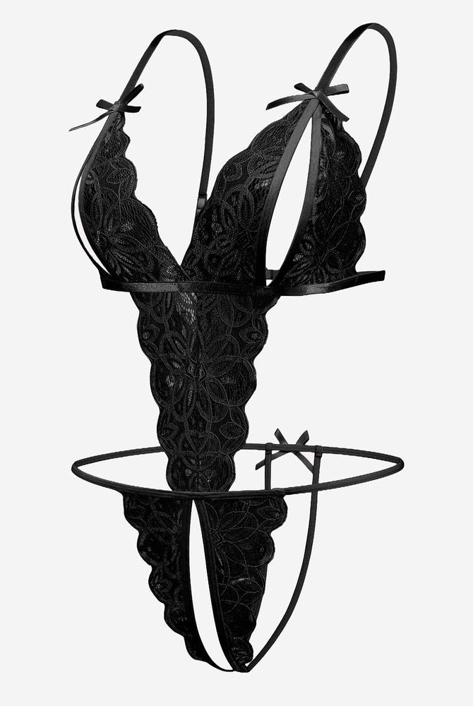 Black floral lace bodysuit with deep V-neck, crotchless, bow details. Sexy lingerie for women.