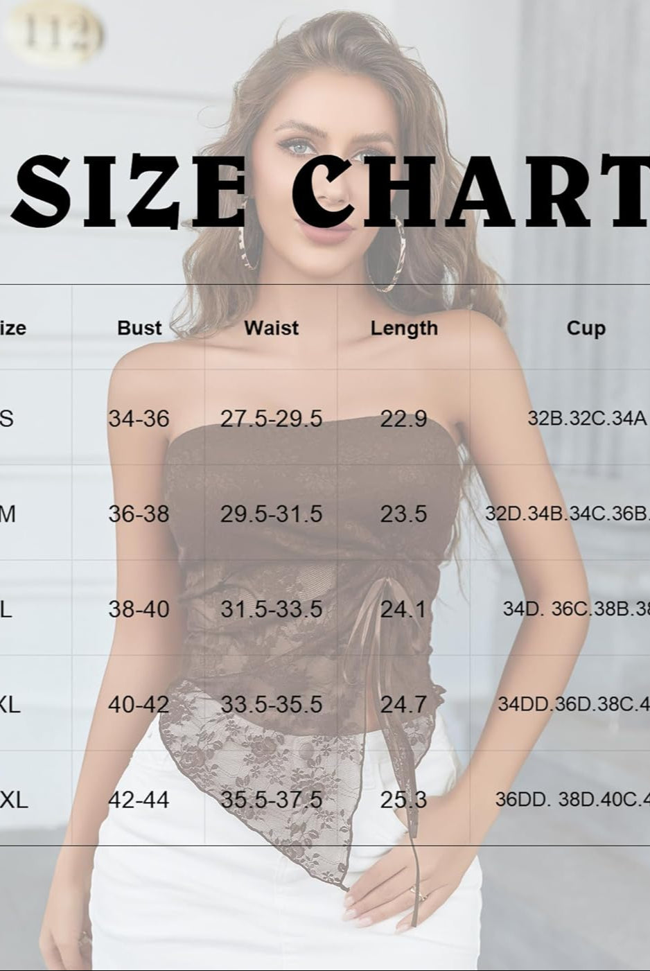 Lace Y2k tube crop top size chart, bust, waist, length, and cup measurements
