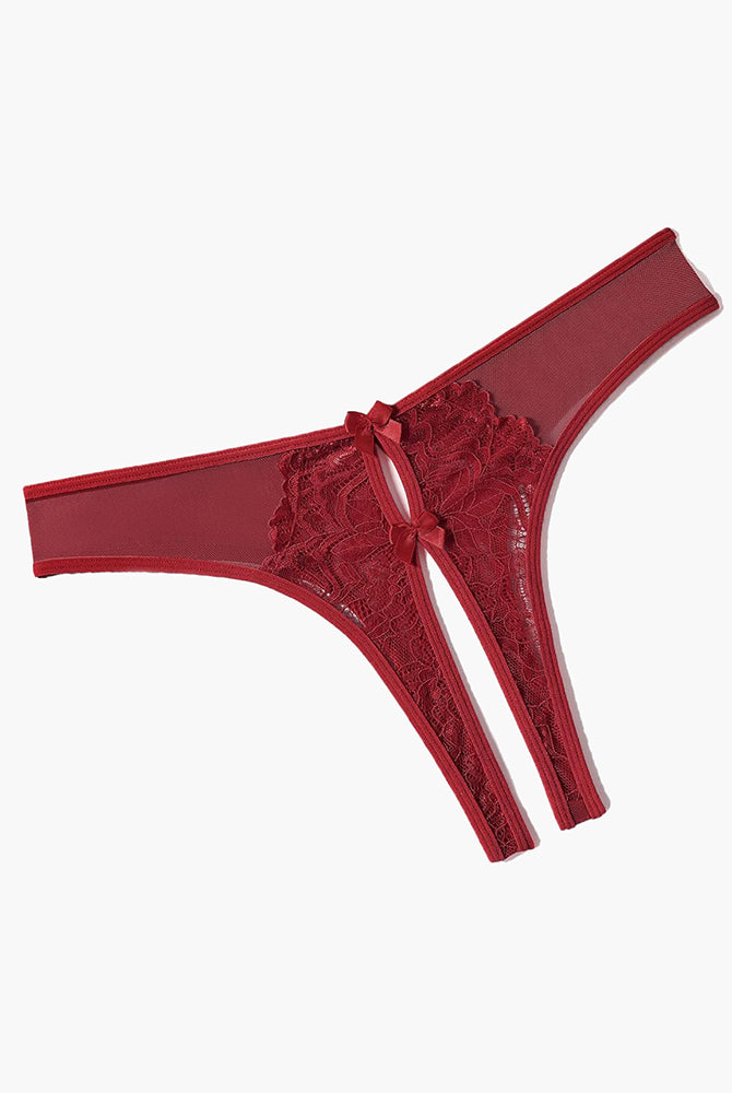 Burgundy mesh panties briefs with lace and bow details, designed for charm and comfort.