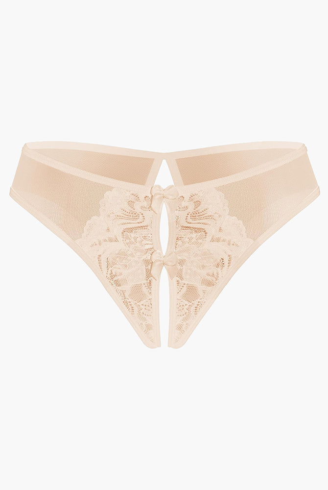 Beige mesh panties briefs with lace detailing and cute bows, designed for charm and comfort.