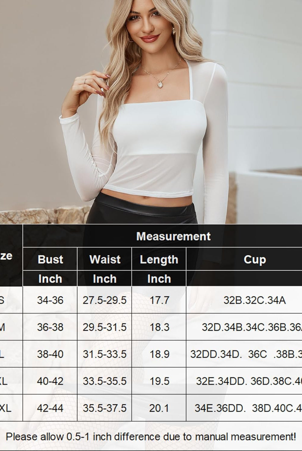 White square neck sheer blouse, mesh long sleeve, size chart included. Sexy and stylish.