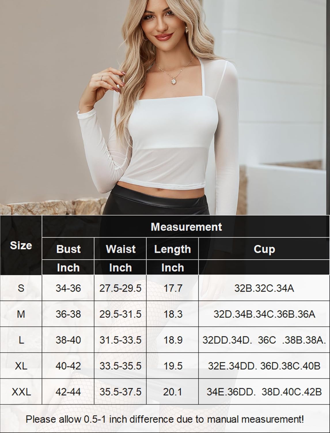 White square neck sheer blouse, mesh long sleeve, size chart included. Sexy and stylish.