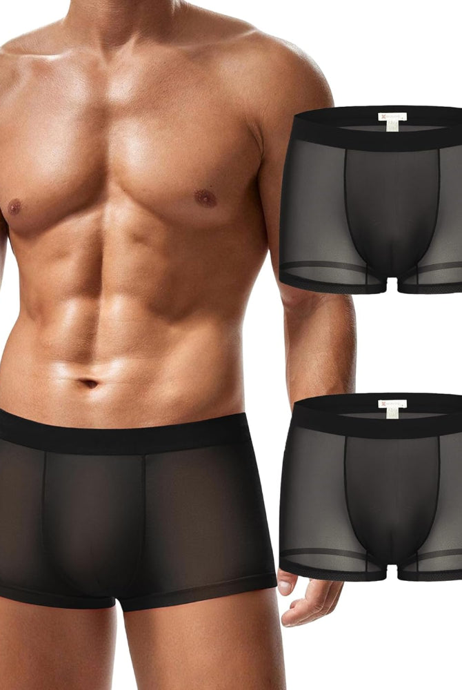 Men's mesh boxer briefs set on model, black translucent trunk style