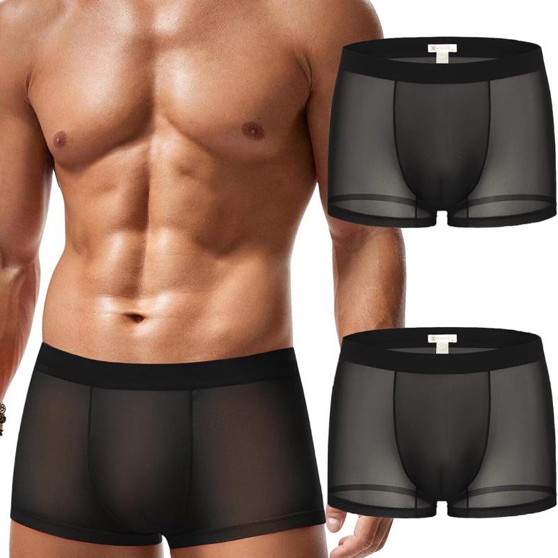 Men's mesh boxer briefs set on model, black translucent trunk style