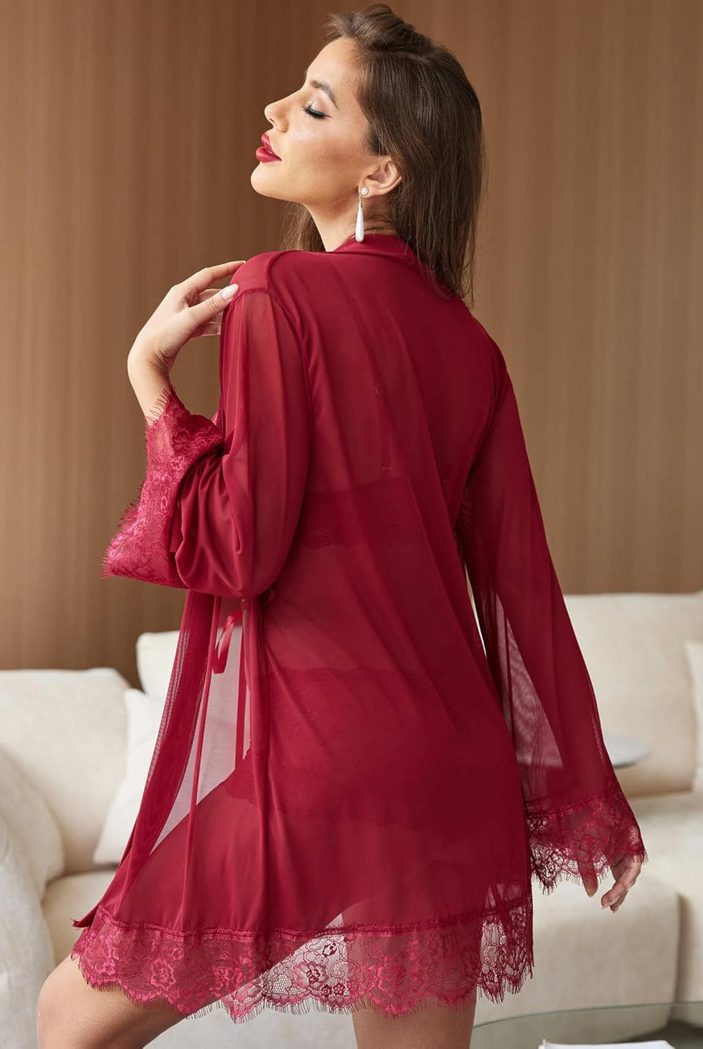 Avidlove red 3-piece lingerie set: sheer kimono robe, bra, and panty; sleepwear