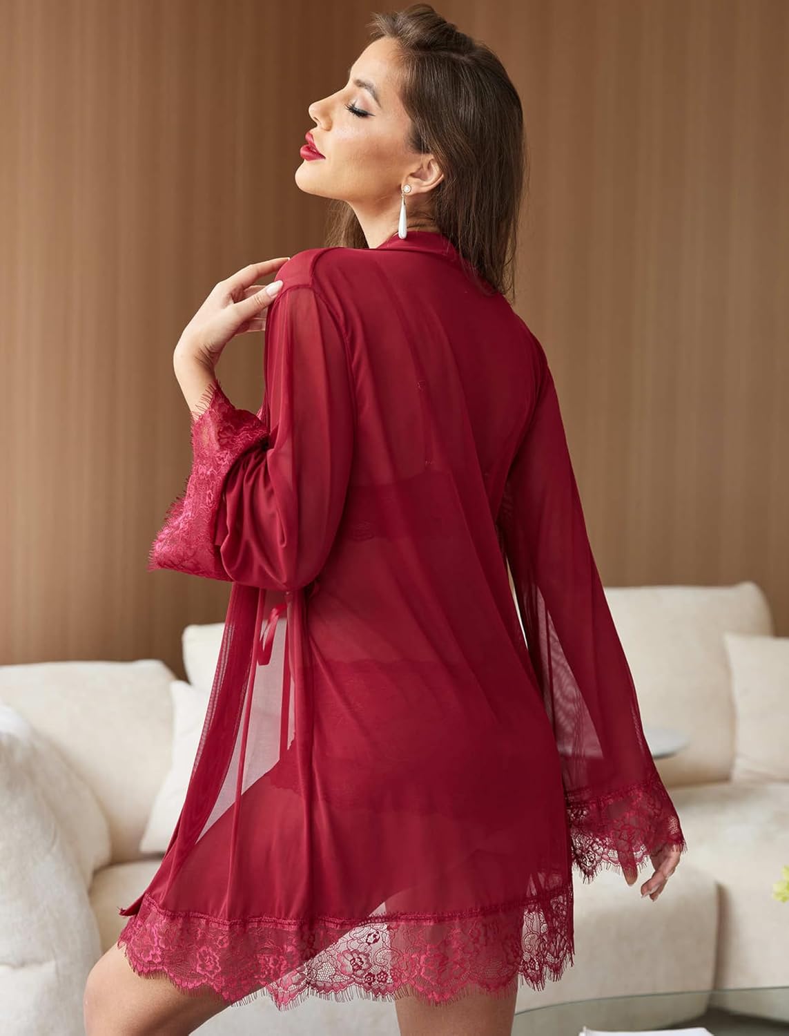 Avidlove red 3-piece lingerie set: sheer kimono robe, bra, and panty; sleepwear