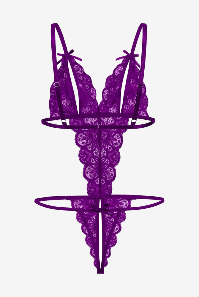Purple lace open cup bodysuit with backless design and bow detail. Sexy lingerie.