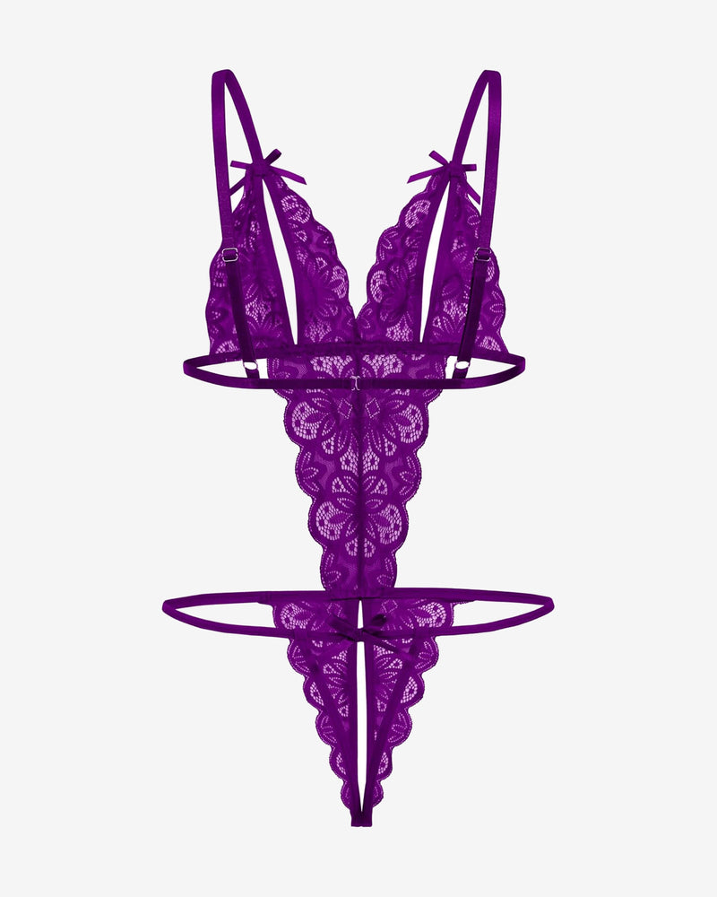 Purple lace open cup bodysuit with backless design and bow detail. Sexy lingerie.