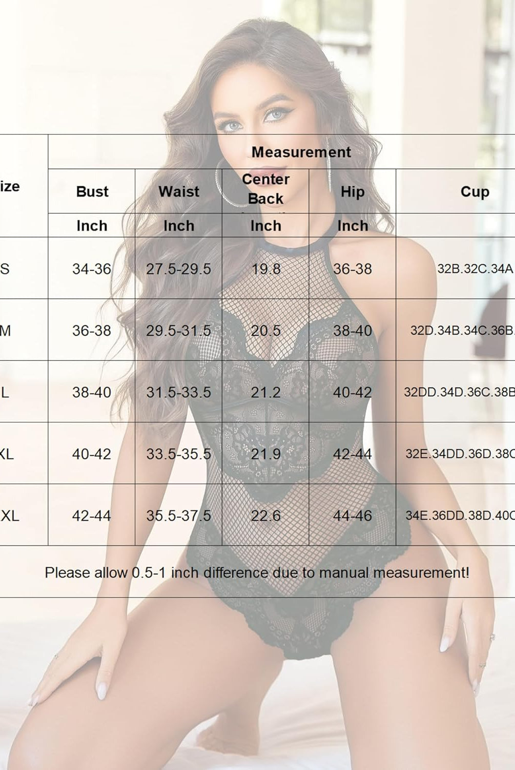 Black mesh teddy size chart, Avidlove lingerie, measurements for S-XXL