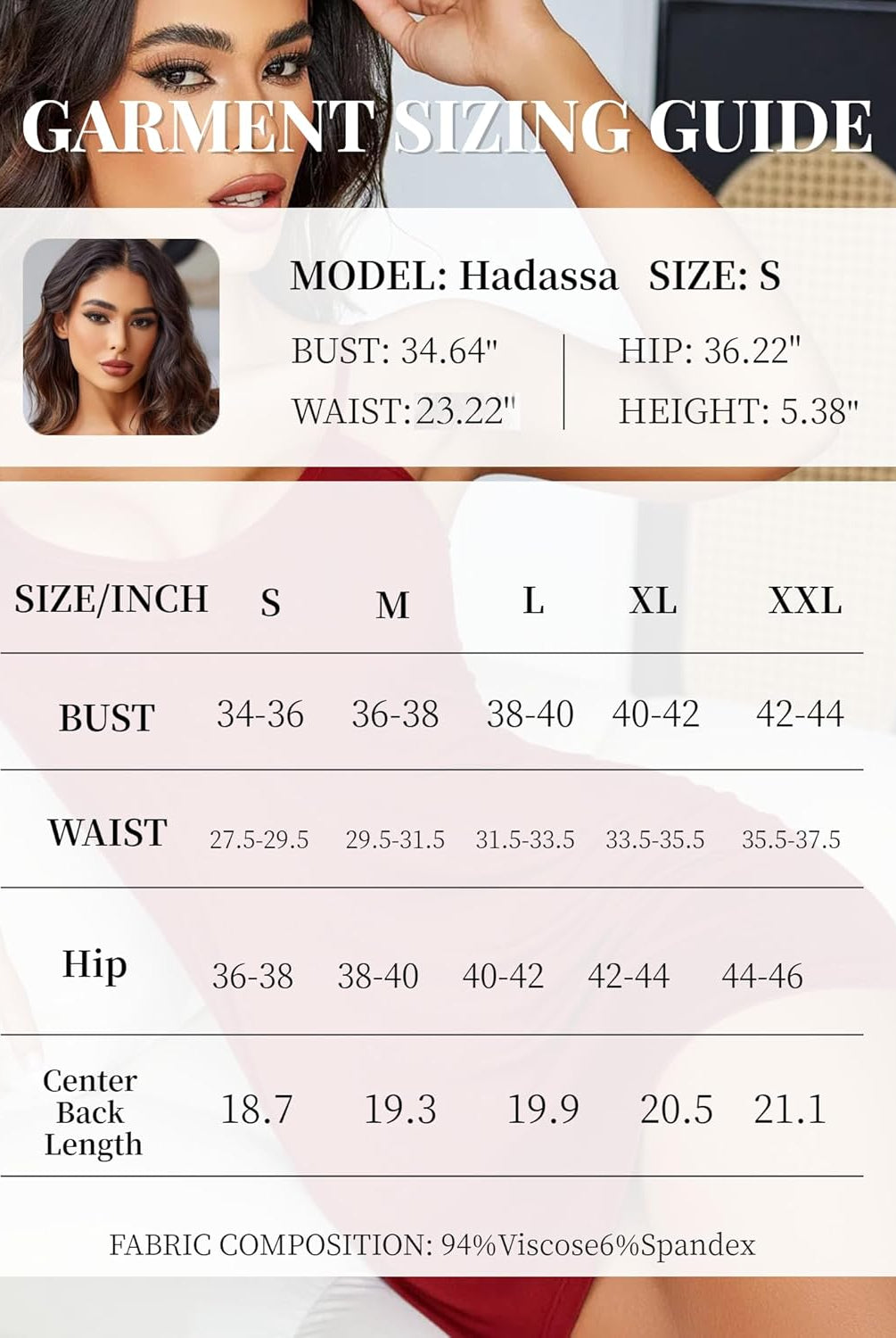 Lingerie size guide with model measurements and fabric details: 94% Viscose, 6% Spandex