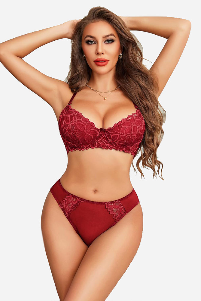 Burgundy floral lace lingerie set, underwire bra and panty. Sexy lingerie, enhances curves