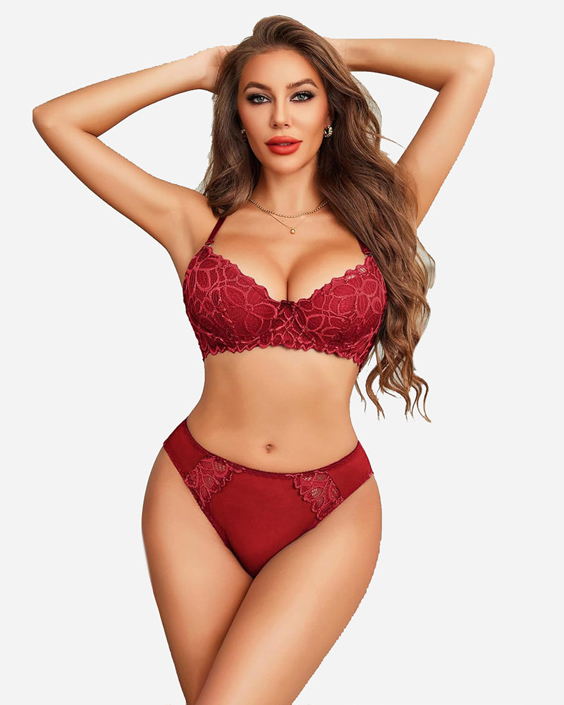 Burgundy floral lace lingerie set, underwire bra and panty. Sexy lingerie, enhances curves