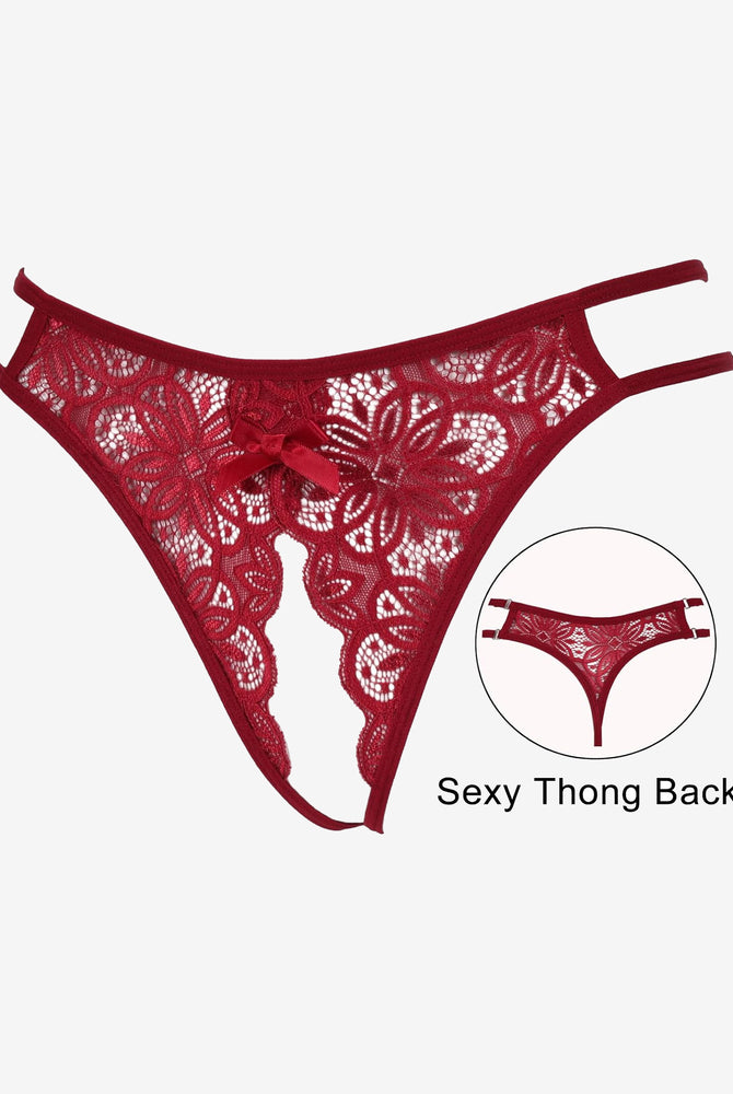 Red floral lace thong briefs with bow detail. Sexy low-rise design. Featuring a sexy thong back.