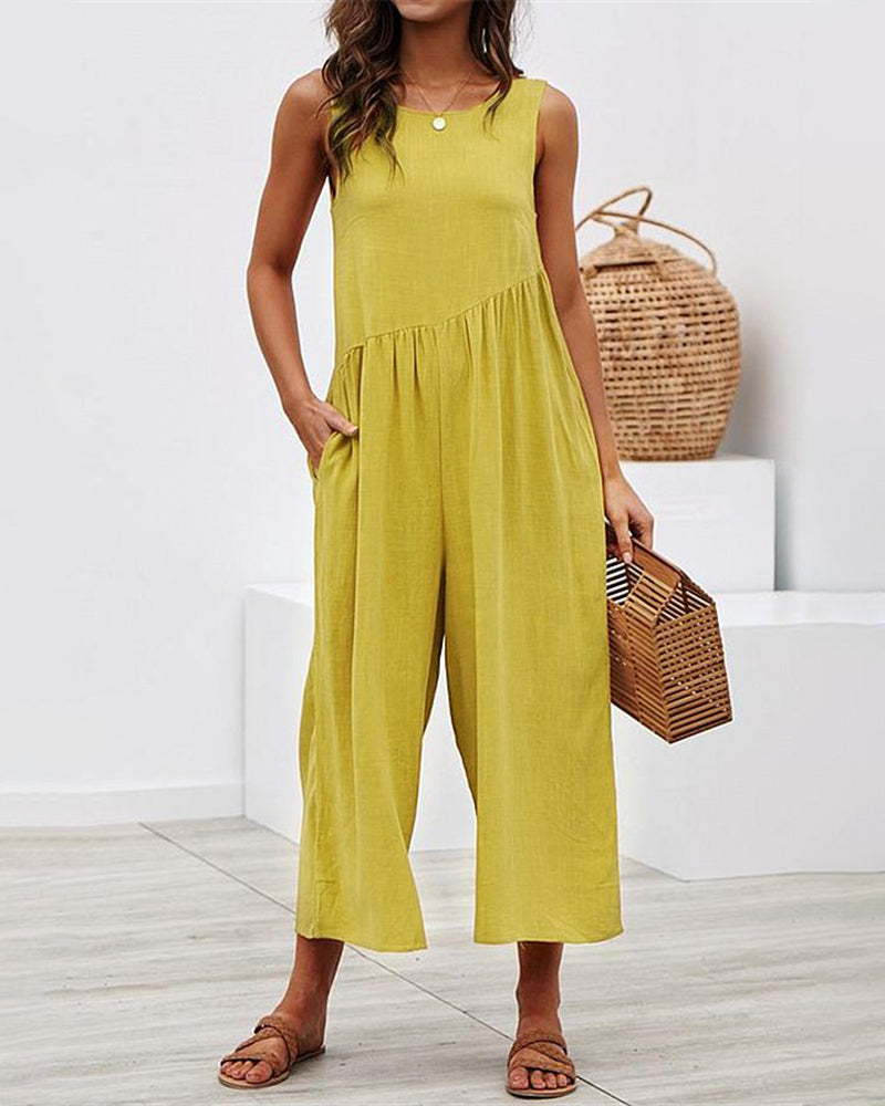 Yellow cotton overalls jumpsuit, backless design, casual style, perfect for leisure and daily wear.