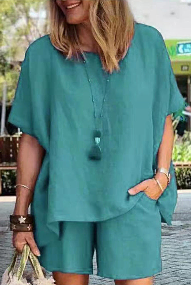 Teal linen-blend two-piece shorts set for women, casual style, perfect for leisure and daily wear
