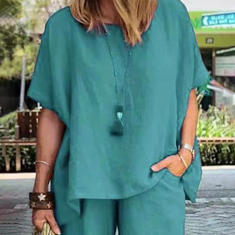 Teal linen-blend two-piece shorts set for women, casual style, perfect for leisure and daily wear