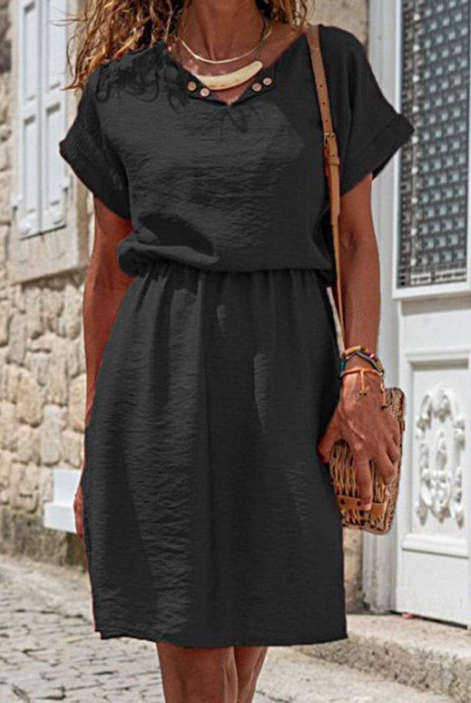 Black splicing mid dress, cotton linen blend, short sleeves, elastic waist, perfect for vacation