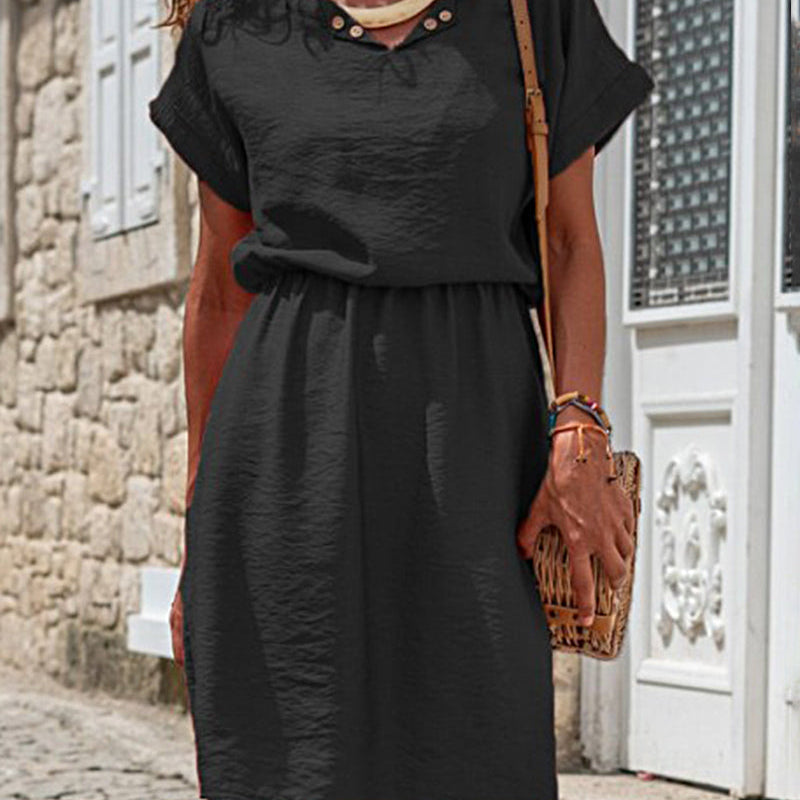 Black splicing mid dress, cotton linen blend, short sleeves, elastic waist, perfect for vacation