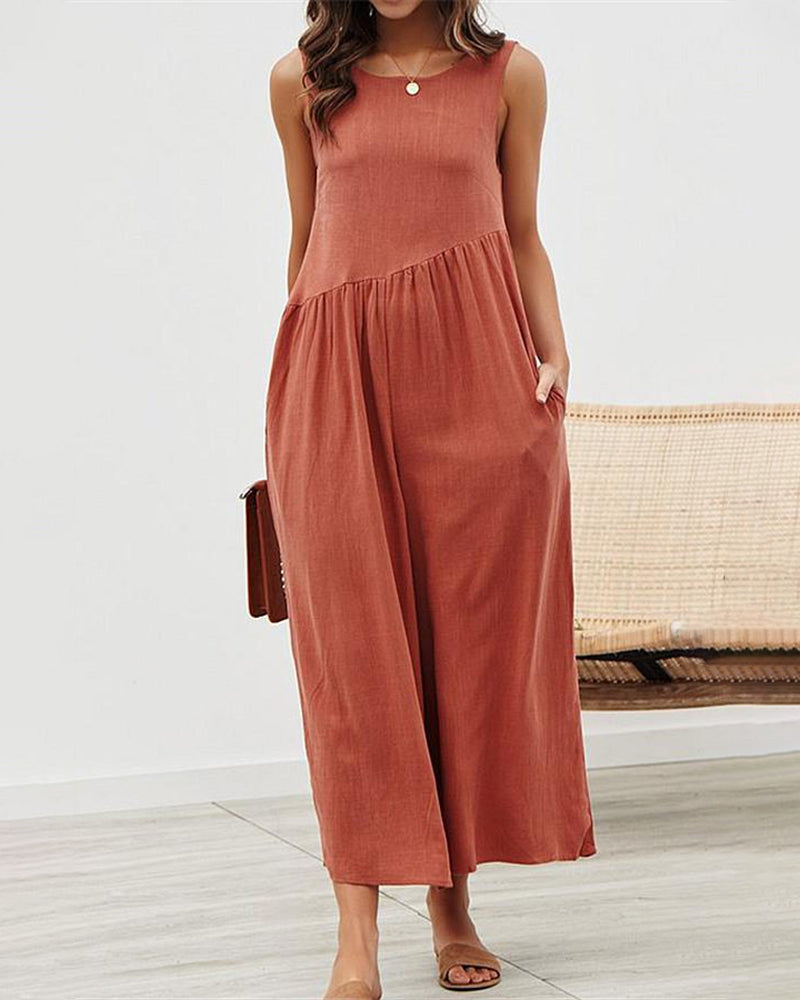 Rust cotton jumpsuit, sleeveless, backless, casual style, ideal for leisure and daily wear.