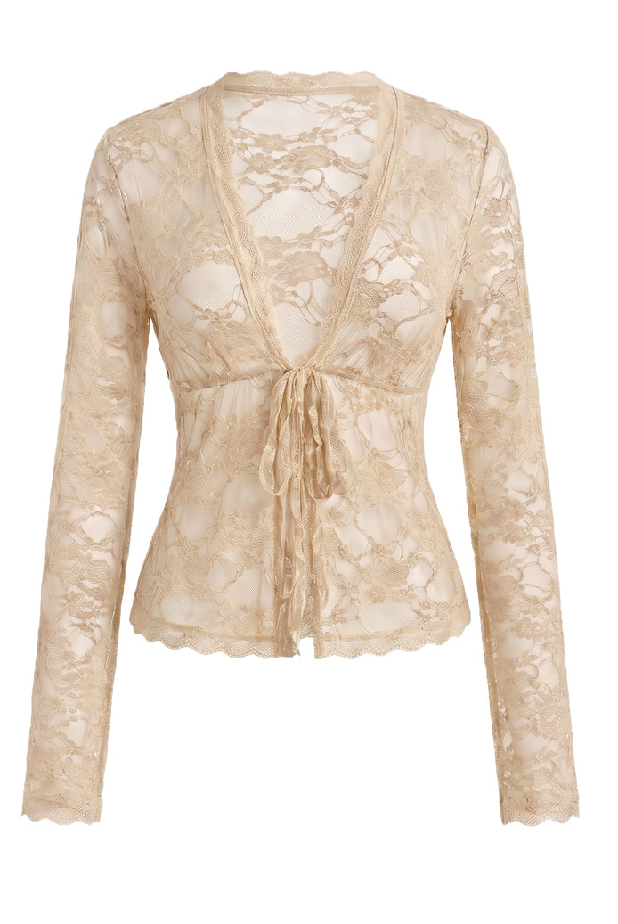 Champagne sheer floral lace long-sleeve cardigan with deep V tie-front