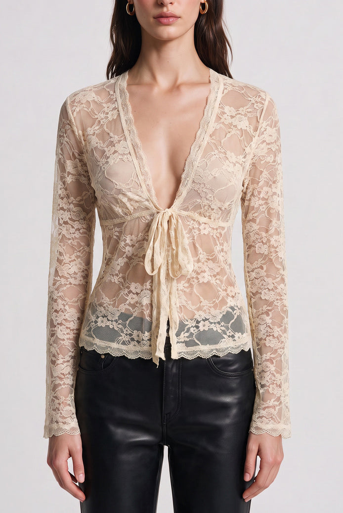 Champagne sheer lace V-neck tie-front cardigan with long sleeves, scalloped edges