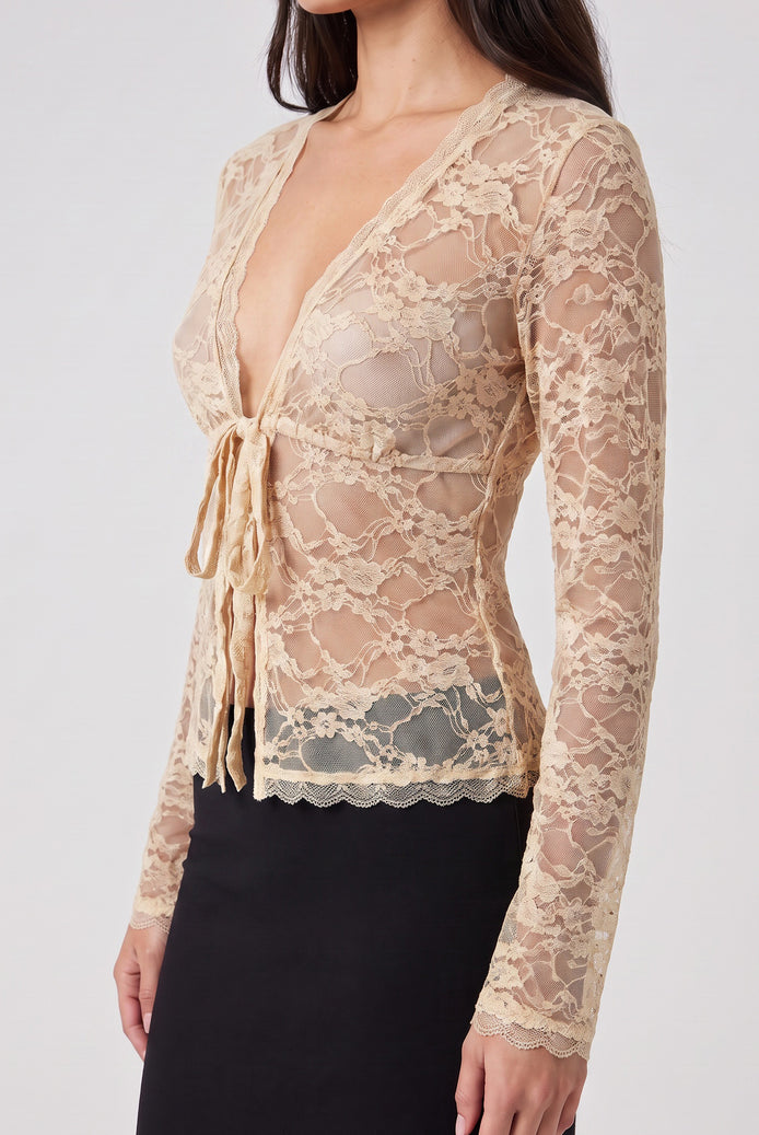 Champagne sheer floral lace cardigan with deep V tie-front and long sleeves