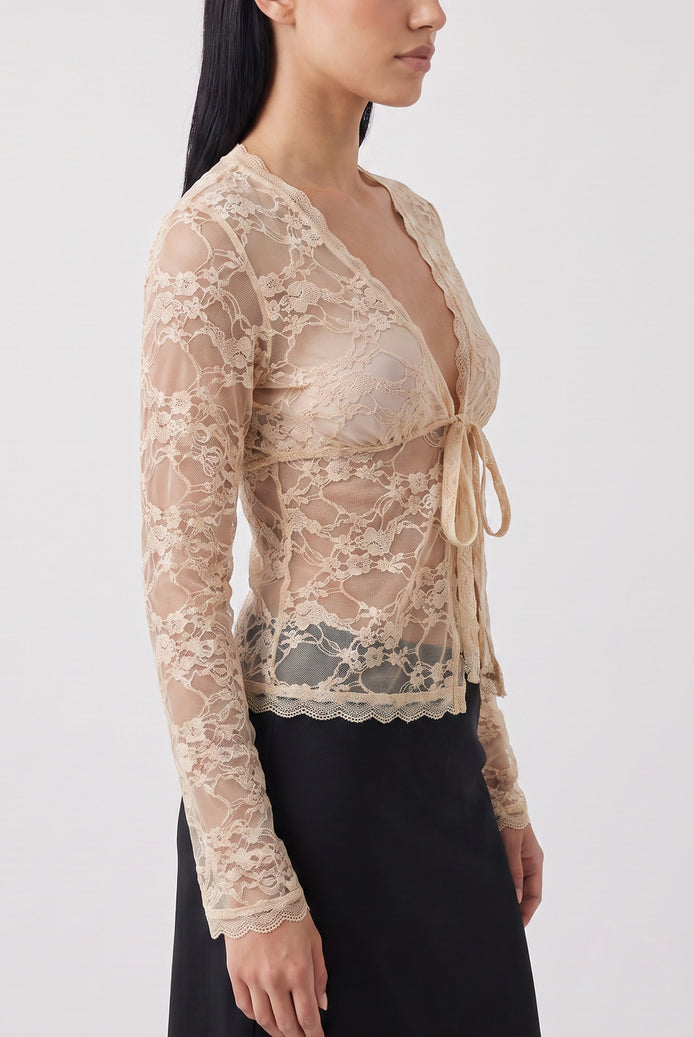 Champagne sheer lace long-sleeve cardigan with deep V tie-front