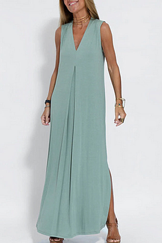 Light green sleeveless maxi dress with V-neck and side slit, perfect for leisure and vacation wear
