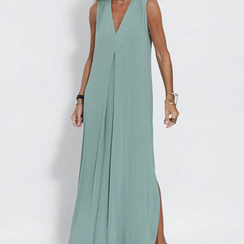 Light green sleeveless maxi dress with V-neck and side slit, perfect for leisure and vacation wear