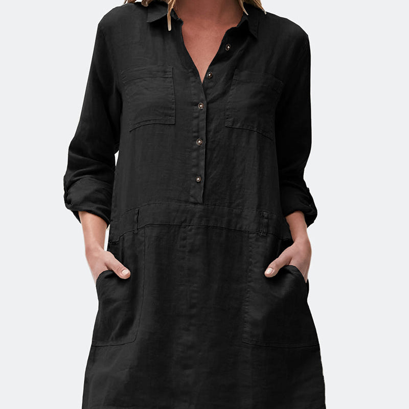 Black cotton linen midi dress with long sleeves and pockets, perfect for casual wear.