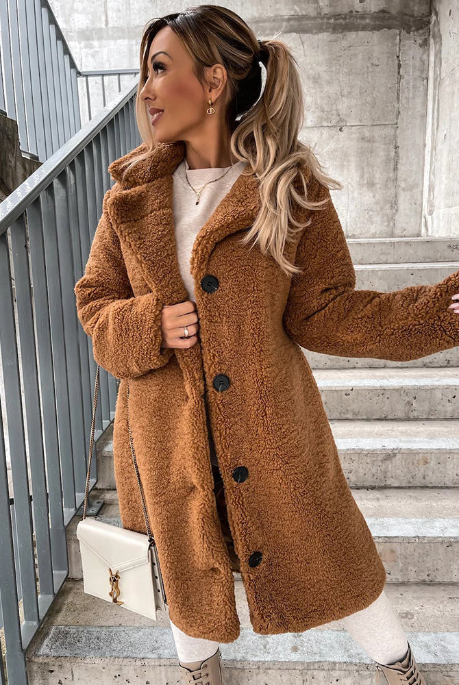 Brown plush faux fur coat jacket, longline design, button detail, perfect for casual wear