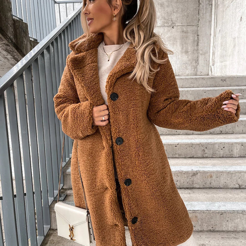 Brown plush faux fur coat jacket, longline design, button detail, perfect for casual wear