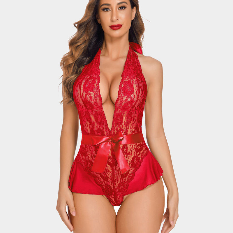 Red lace halter V neck lingerie bodysuit with satin bow detail, elegant and sexy.