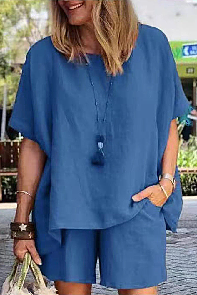 Blue linen-blend two-piece shorts set for women, casual style, perfect for leisure and daily wear