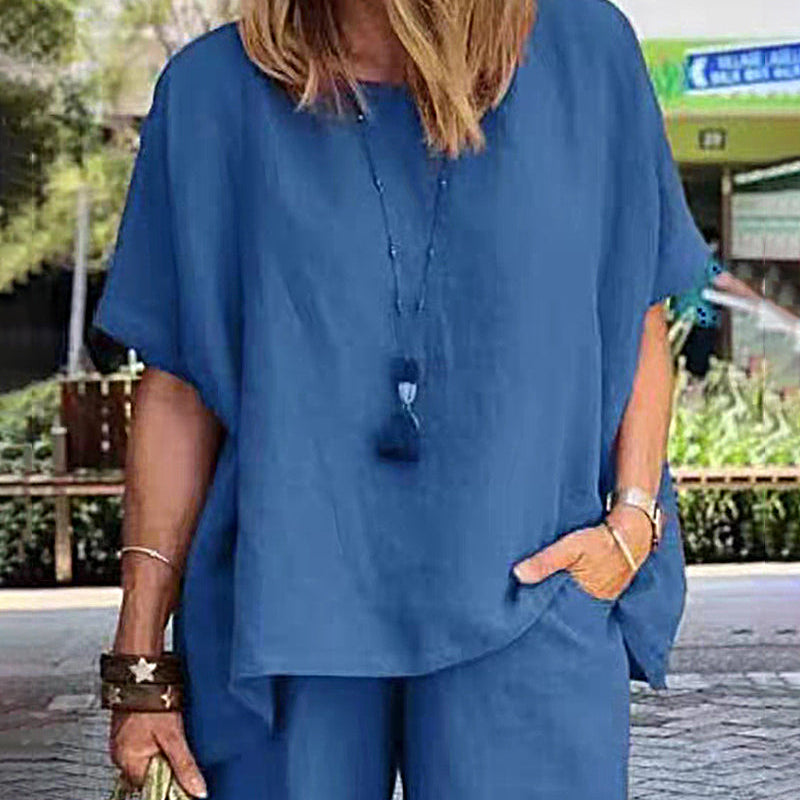 Blue linen-blend two-piece shorts set for women, casual style, perfect for leisure and daily wear