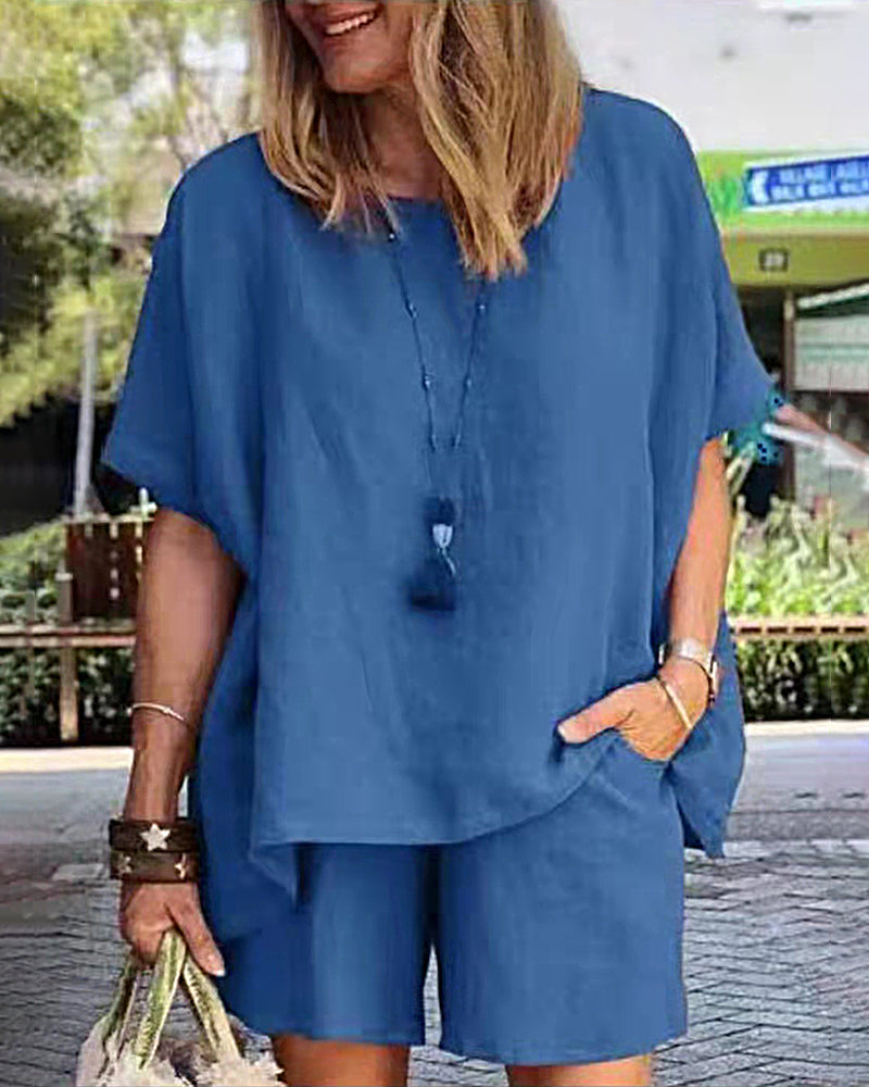 Blue linen-blend two-piece shorts set for women, casual style, perfect for leisure and daily wear