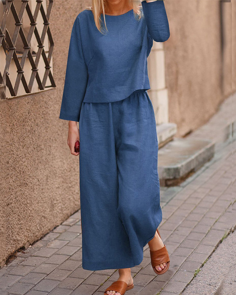 Blue cotton linen two-piece set for women, casual long sleeve top and wide leg pants