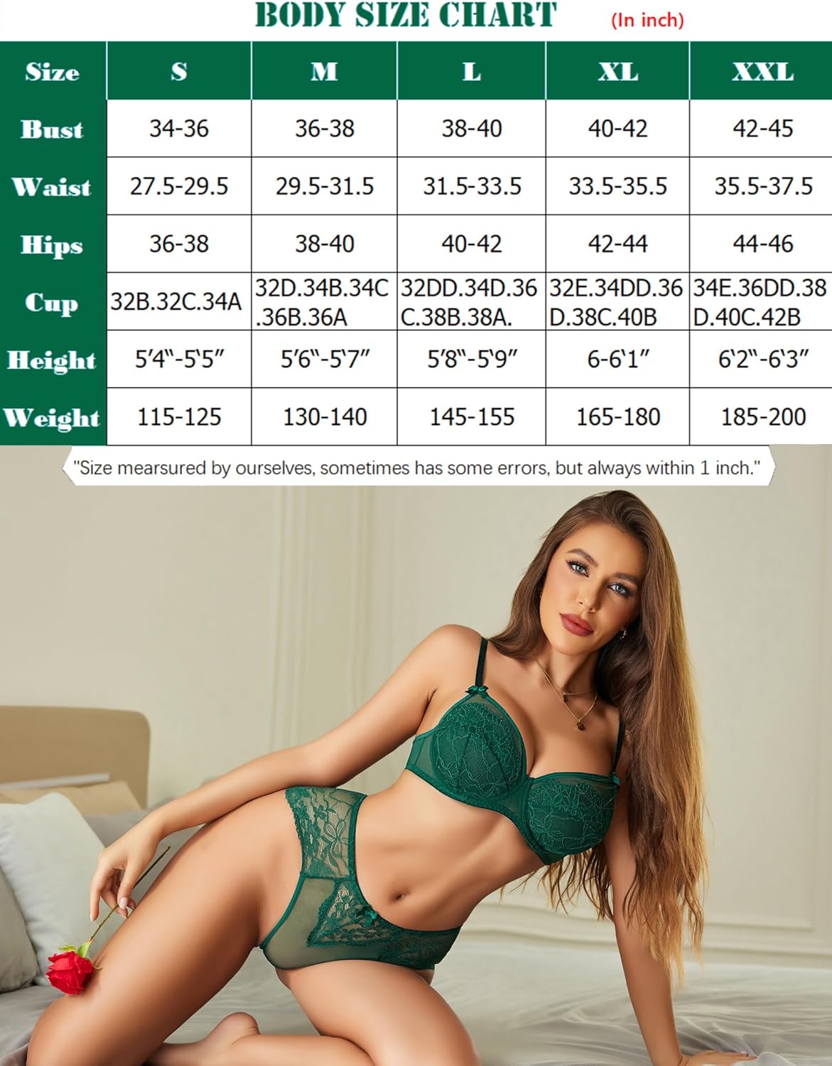 Green lace lingerie set, with size chart; featuring bra, panty, and bust, waist, hip measurements.