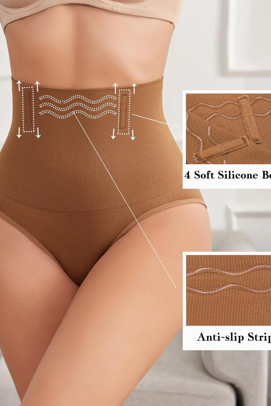 Brown high-waisted tummy control thong shapewear with silicone bones and anti-slip strips