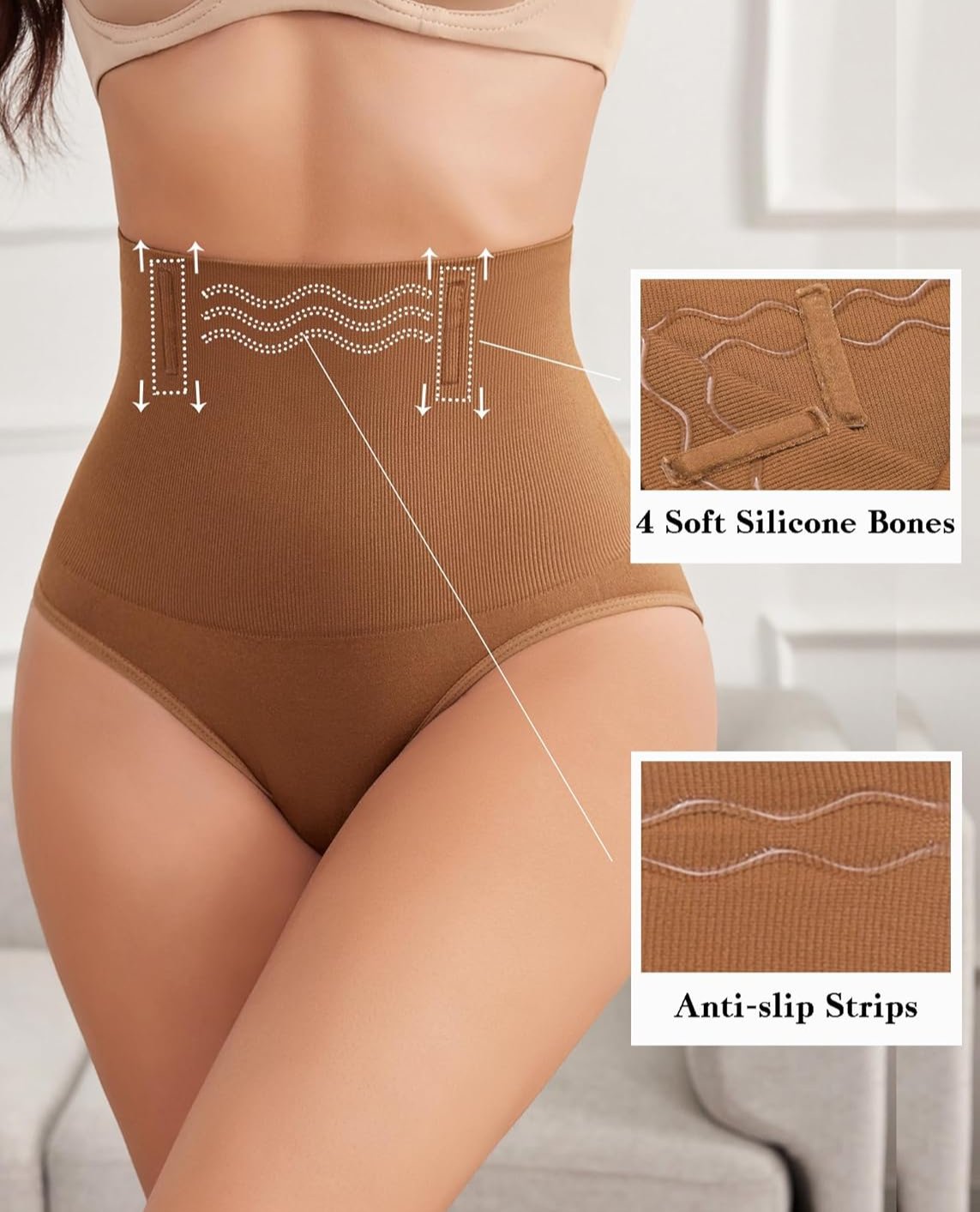 Brown high-waisted tummy control thong shapewear with silicone bones and anti-slip strips
