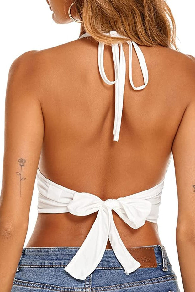 White halter backless crop top with bow detail, summer wear, polyester-spandex blend