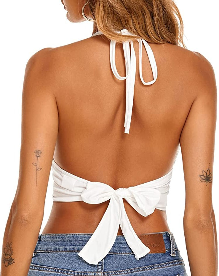 White halter backless crop top with bow detail, summer wear, polyester-spandex blend