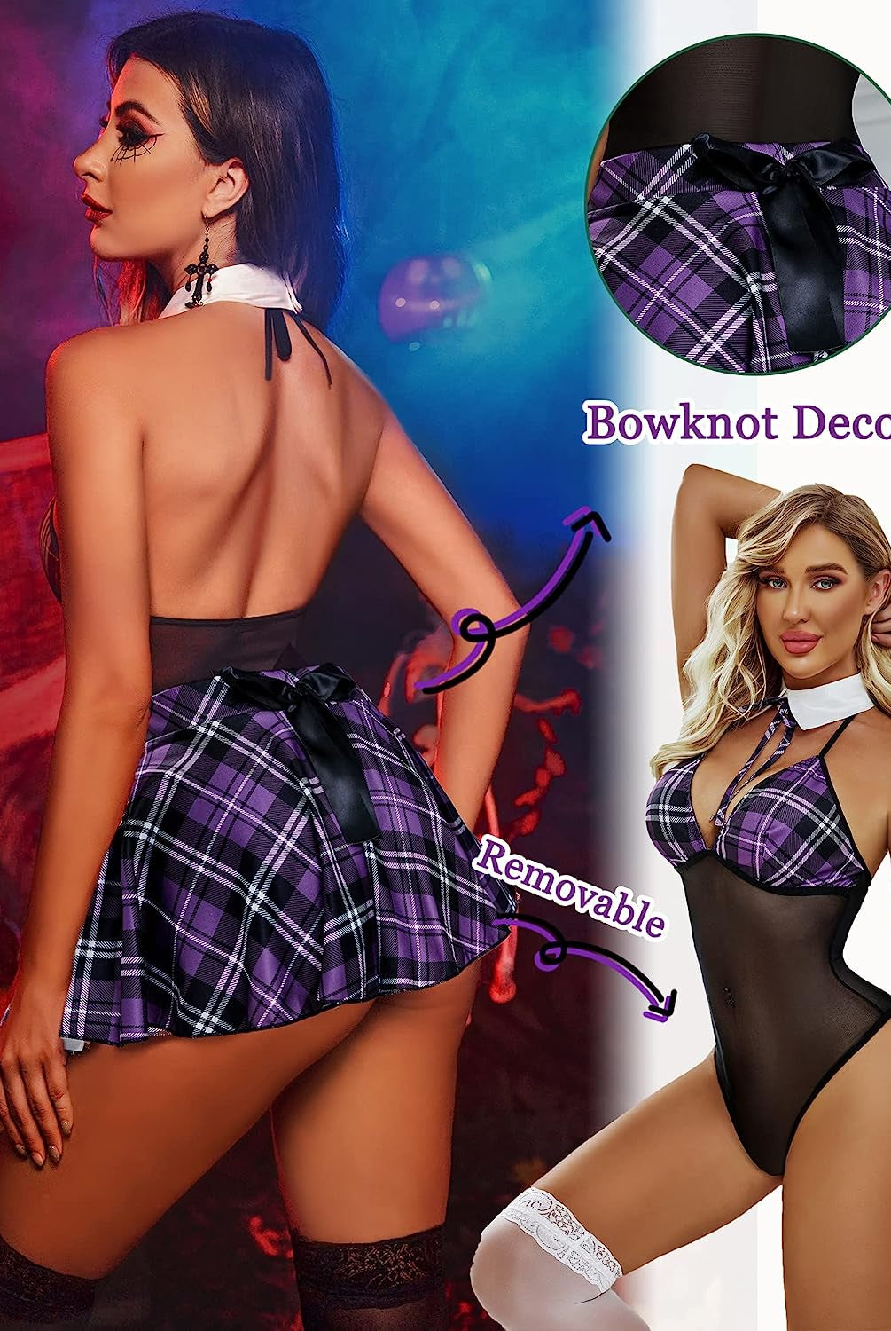Purple plaid schoolgirl lingerie set with removable skirt and bowknot decor for cosplay