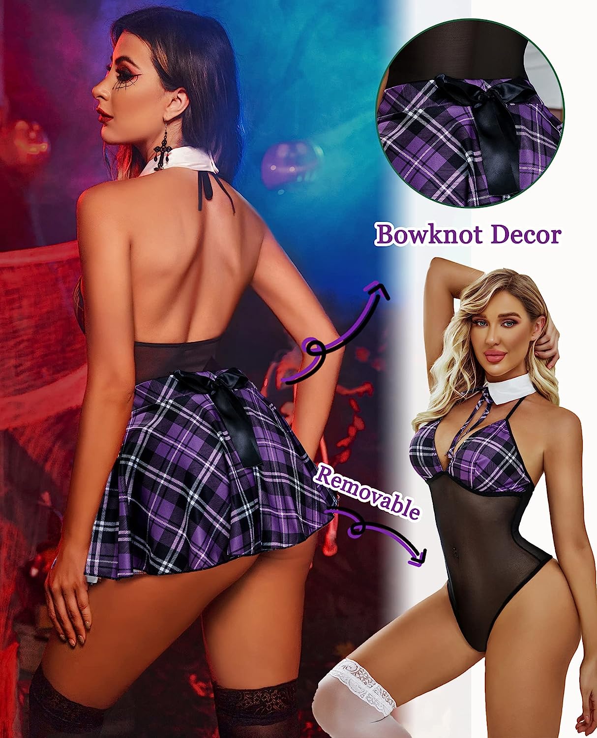 Purple plaid schoolgirl lingerie set with removable skirt and bowknot decor for cosplay