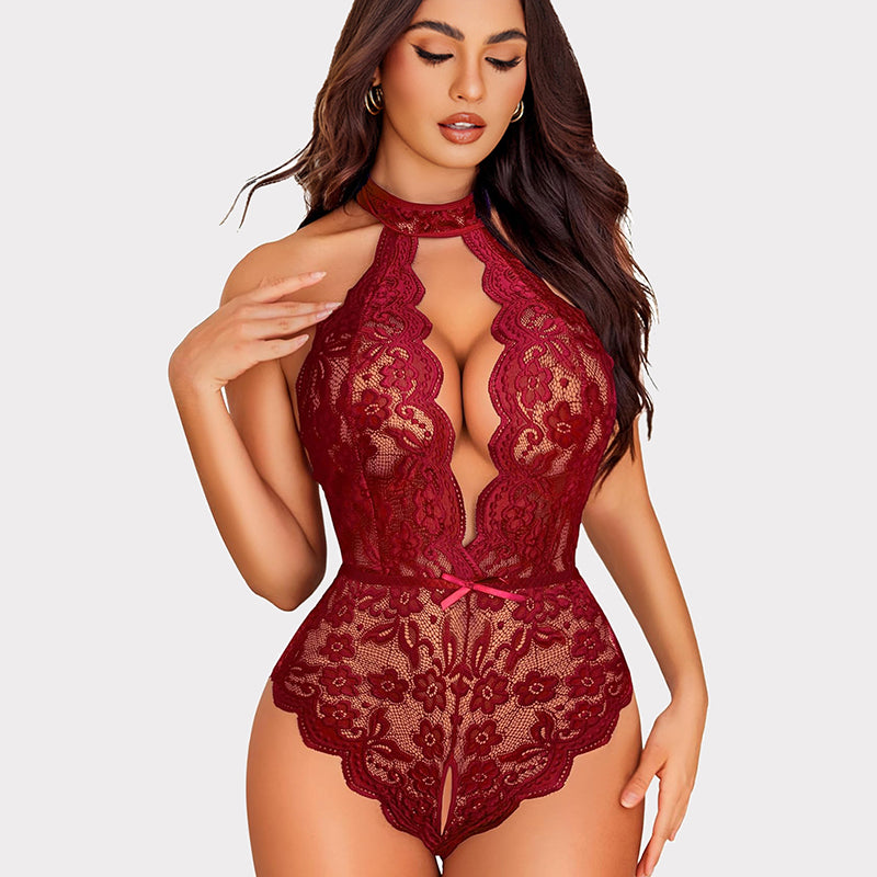 Burgundy halter lace bodysuit with deep V-neck and open back. Sexy Avidlove lingerie