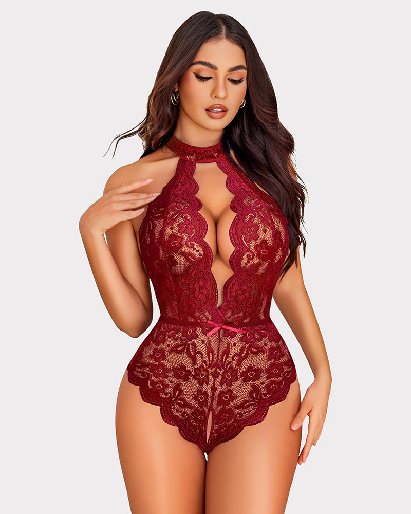 Burgundy halter lace bodysuit with deep V-neck and open back. Sexy Avidlove lingerie