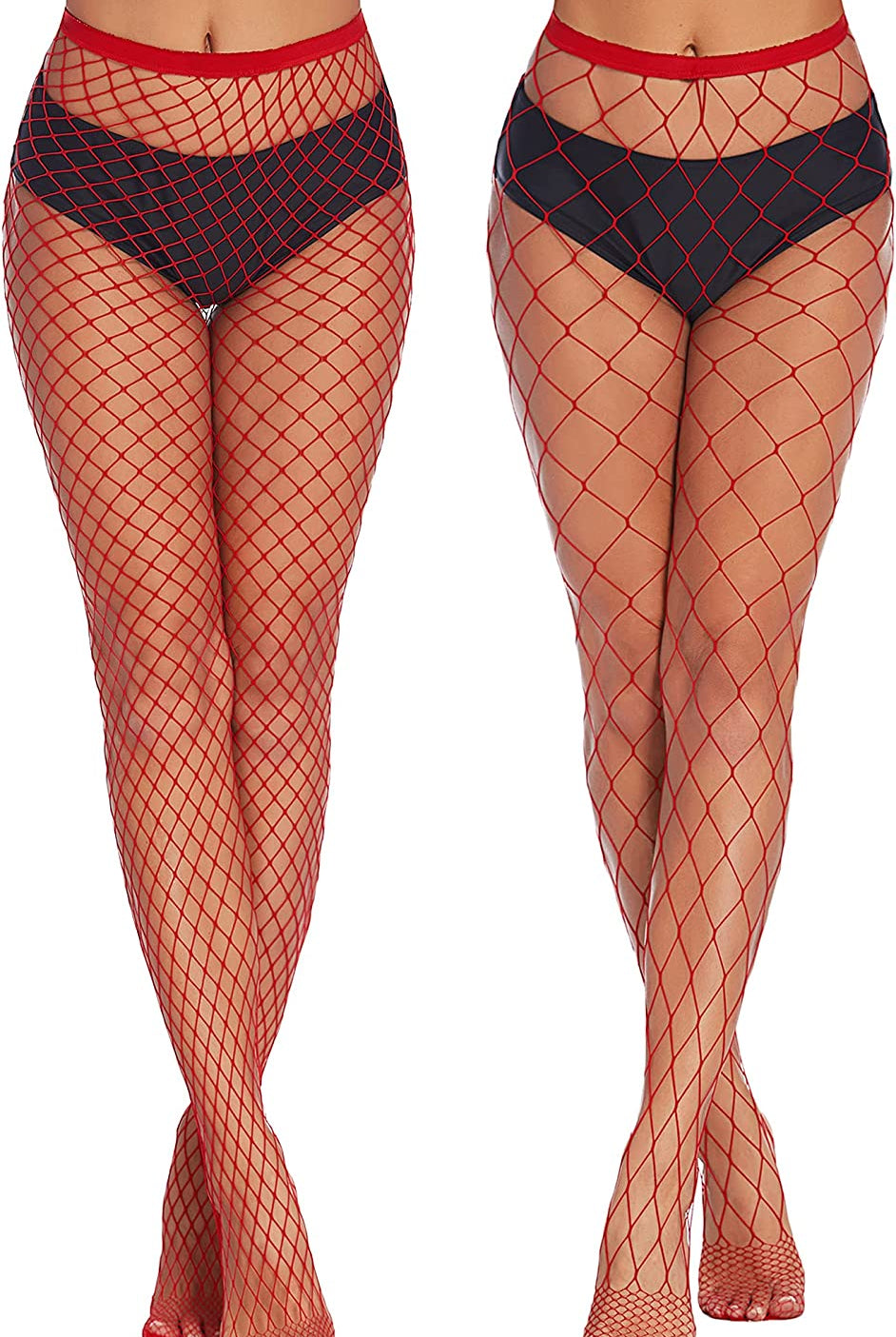 Red diamond net fishnet stockings on models, perfect for confident and sexy looks.