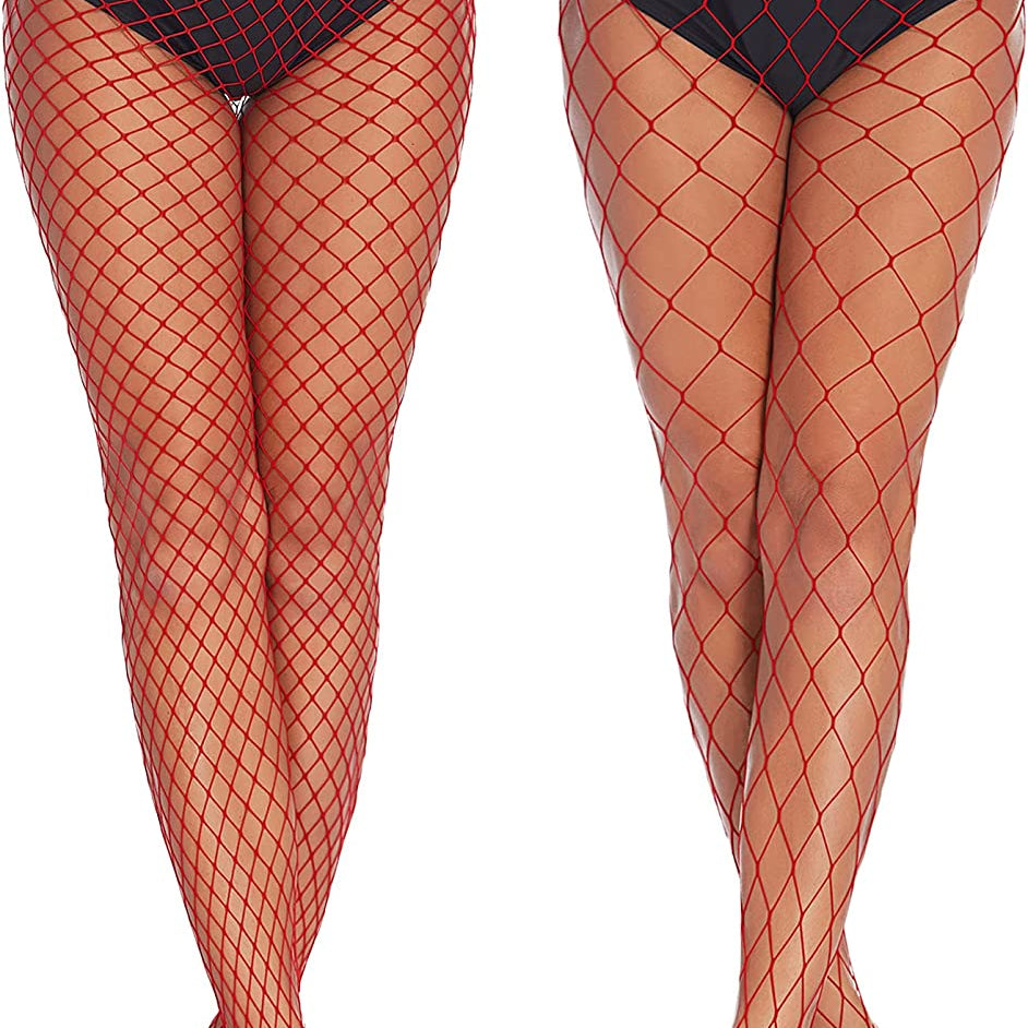 Red diamond net fishnet stockings on models, perfect for confident and sexy looks.