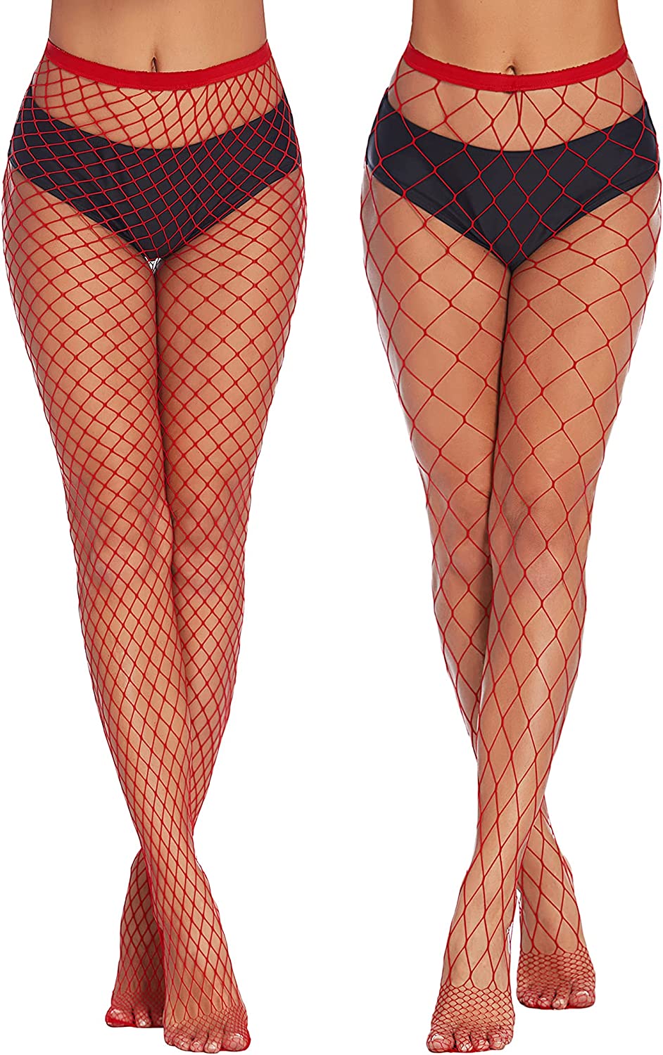 Red diamond net fishnet stockings on models, perfect for confident and sexy looks.